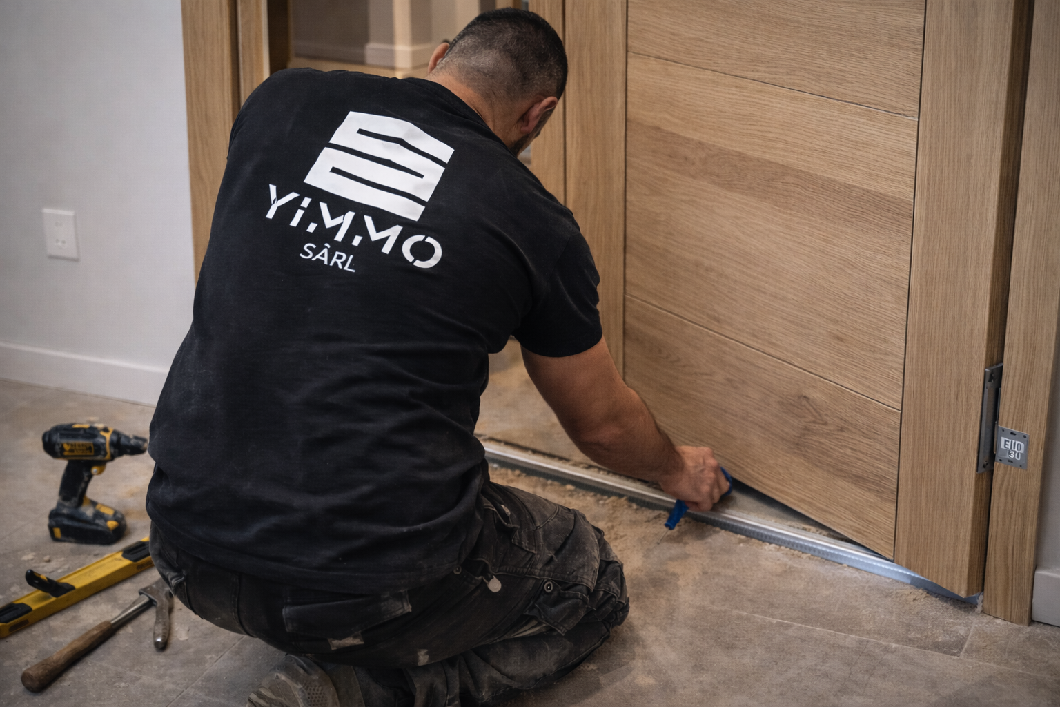 Technicien Yimmo en cours de pose de porte
